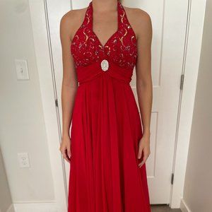 Red Chiffon Evening Gown with Beading at Bodice, Wow! Prom and Pageant- Size 2